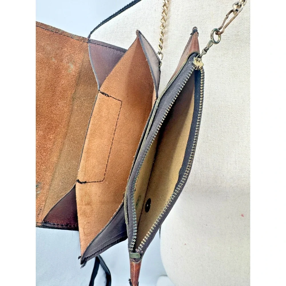 Vintage Full Grain Leather Metal Chain Snap Buttons Bifold Wallet Biker Trucker